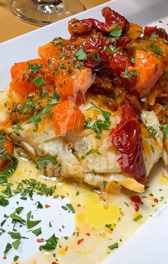Baccalà con zucca e pomodoro secco